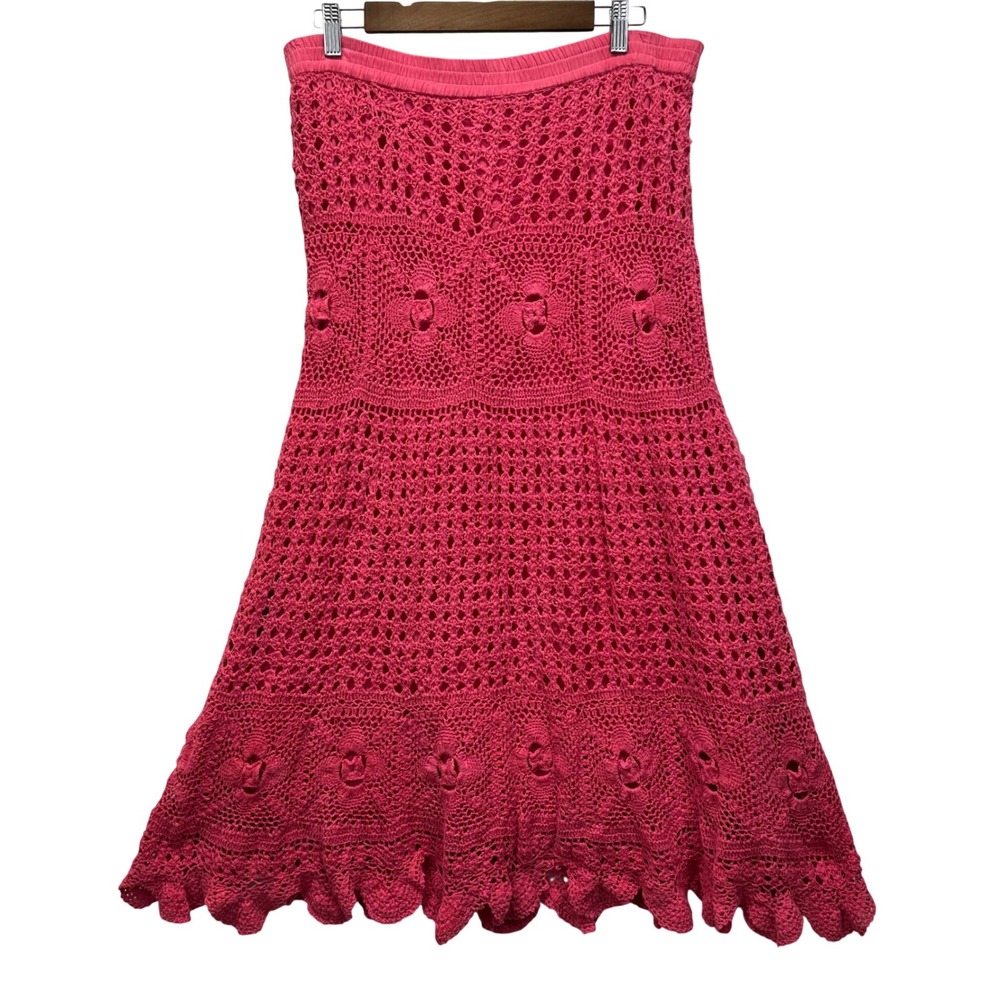 Lucky & Coco Crochet Skirt Womens Large Pink Boho Cotton Midi Ruffle Hem READ